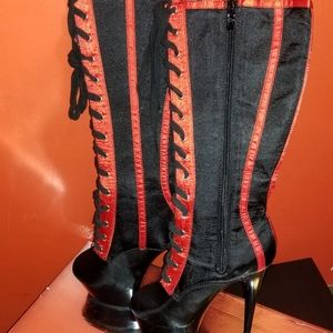 Blk/Red Satin Knee High 5" Platform Boot